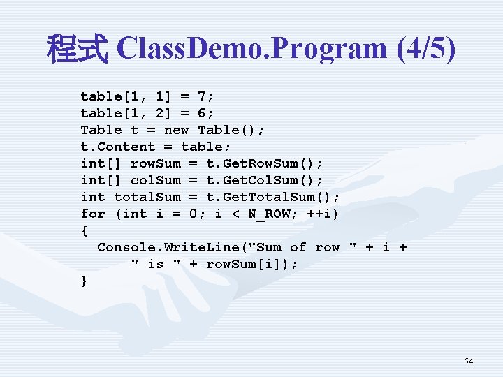 程式 Class. Demo. Program (4/5) table[1, 1] = 7; table[1, 2] = 6; Table