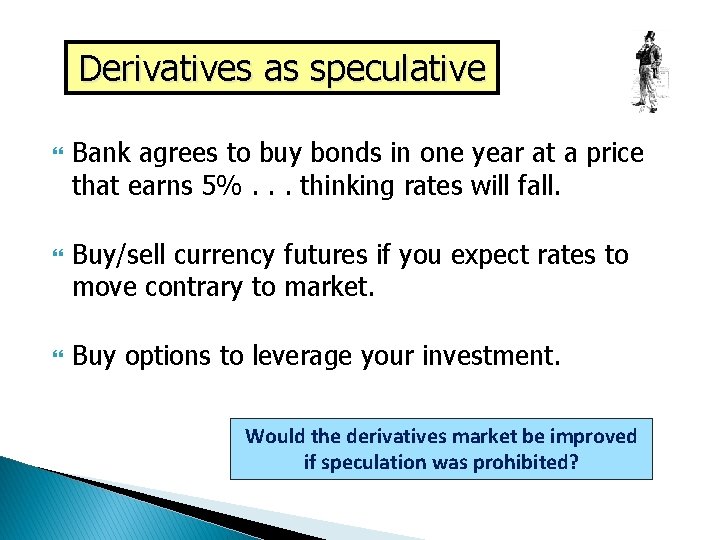 Derivatives as speculative Bank agrees to buy bonds in one year at a price