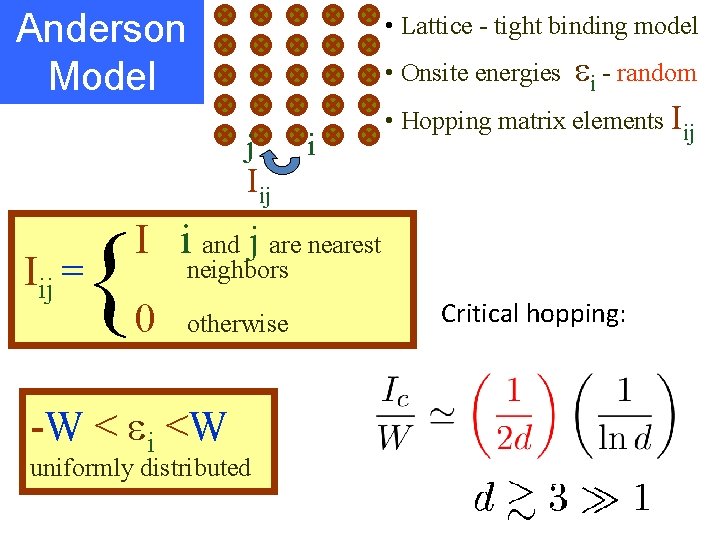 Anderson Model • Lattice - tight binding model ei - random • Hopping matrix