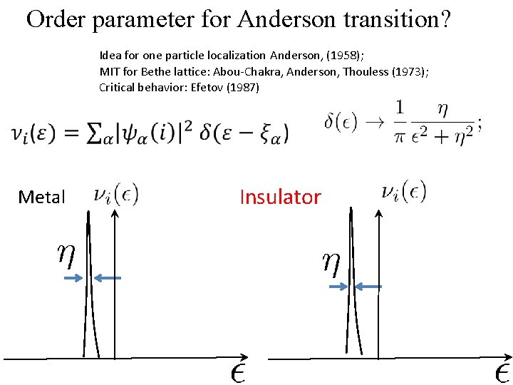 Order parameter for Anderson transition? Idea for one particle localization Anderson, (1958); MIT for
