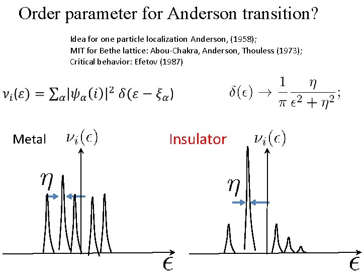 Order parameter for Anderson transition? Idea for one particle localization Anderson, (1958); MIT for
