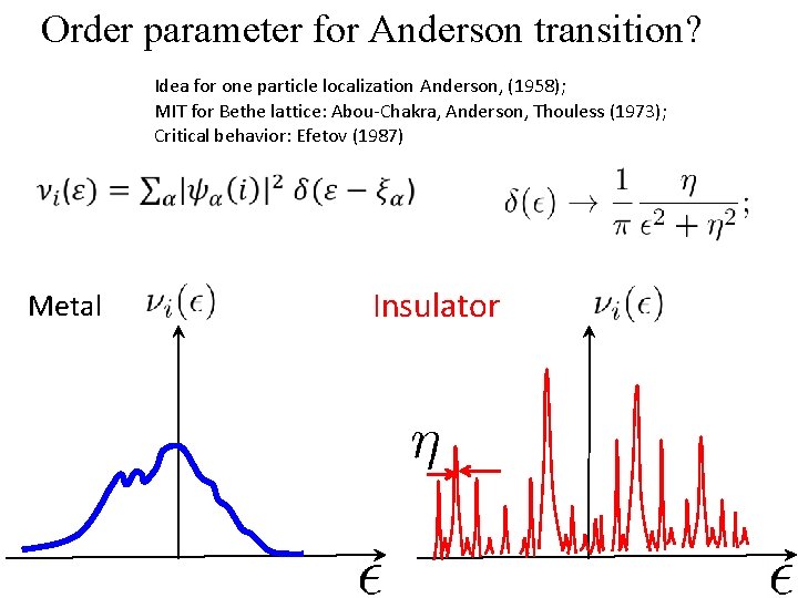 Order parameter for Anderson transition? Idea for one particle localization Anderson, (1958); MIT for