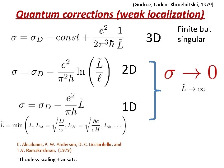 (Gorkov, Larkin, Khmelnitskii, 1979) Quantum corrections (weak localization) 3 D 2 D 1 D