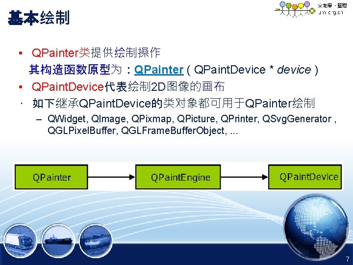 基本绘制 • QPainter类提供绘制操作 其构造函数原型为：QPainter ( QPaint. Device * device ) • QPaint. Device代表绘制 2
