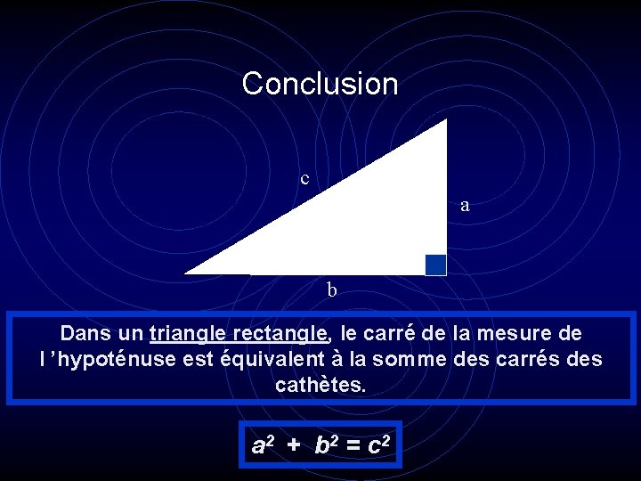Conclusion c a b Dans un triangle rectangle, le carré de la mesure de