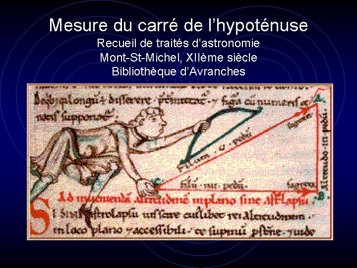 Mesure du carré de l’hypoténuse Recueil de traités d’astronomie Mont-St-Michel, XIIème siècle Bibliothèque d’Avranches
