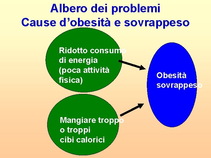 Albero dei problemi Cause d’obesità e sovrappeso Ridotto consumo di energia (poca attività fisica)