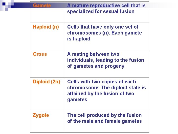 Gamete A mature reproductive cell that is specialized for sexual fusion Haploid (n) Cells