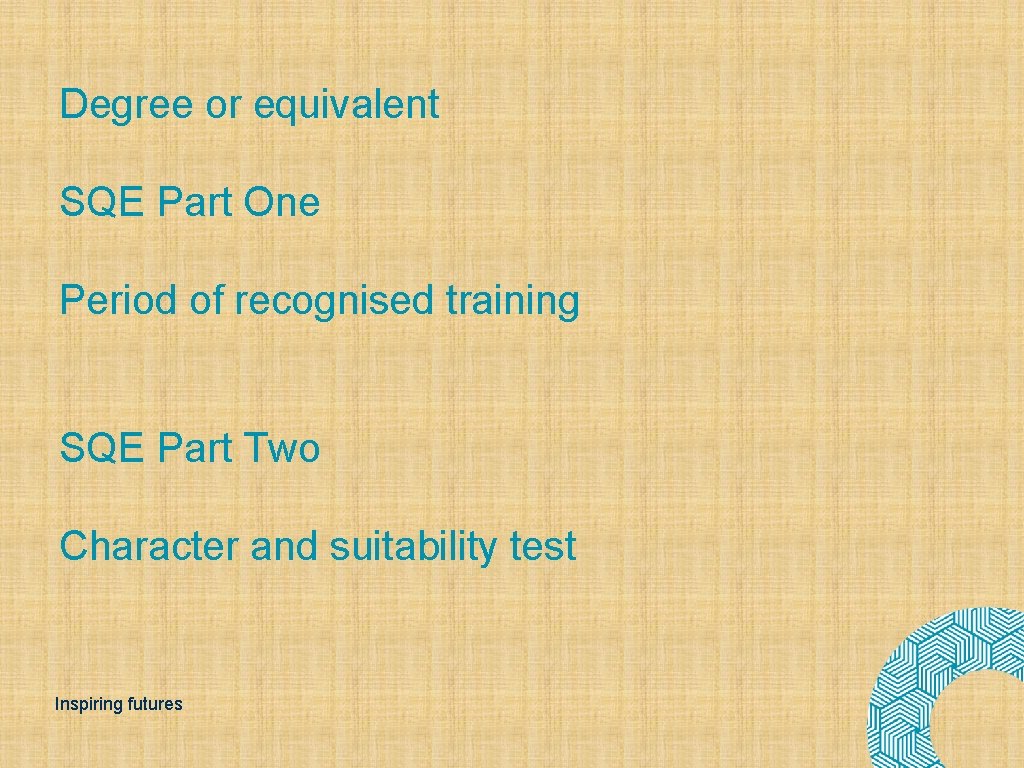 Degree or equivalent SQE Part One Period of recognised training SQE Part Two Character