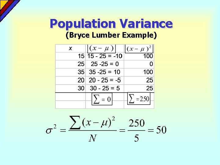 Population Variance (Bryce Lumber Example) 