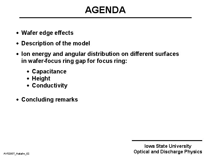 AGENDA · Wafer edge effects · Description of the model · Ion energy and