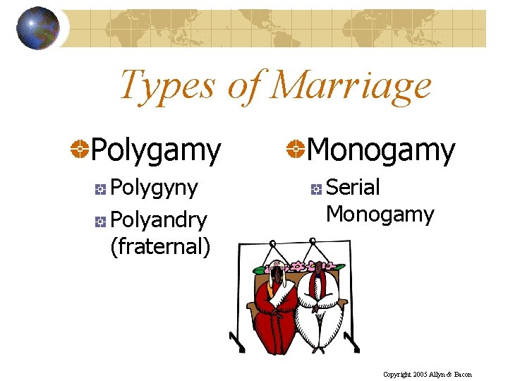 Types of Marriage Polygamy Monogamy Polygyny Polyandry (fraternal) Serial Monogamy Copyright 2005 Allyn &