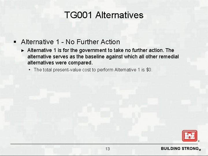 TG 001 Alternatives § Alternative 1 - No Further Action ► Alternative 1 is