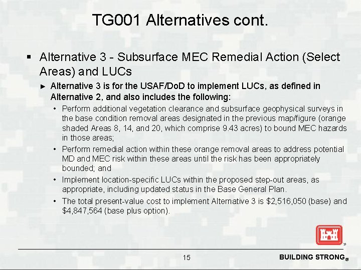 TG 001 Alternatives cont. § Alternative 3 - Subsurface MEC Remedial Action (Select Areas)