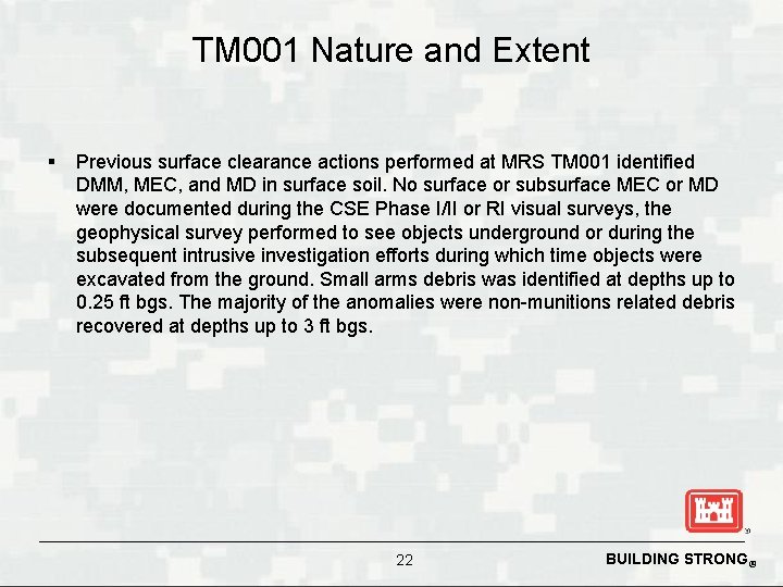TM 001 Nature and Extent § Previous surface clearance actions performed at MRS TM