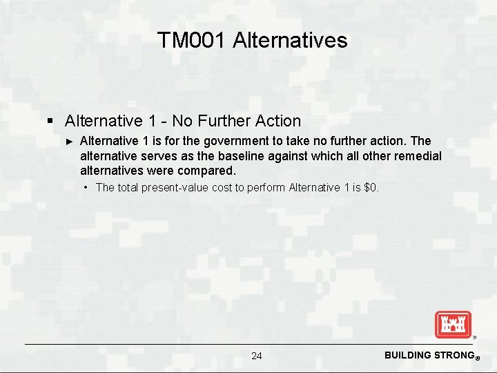 TM 001 Alternatives § Alternative 1 - No Further Action ► Alternative 1 is