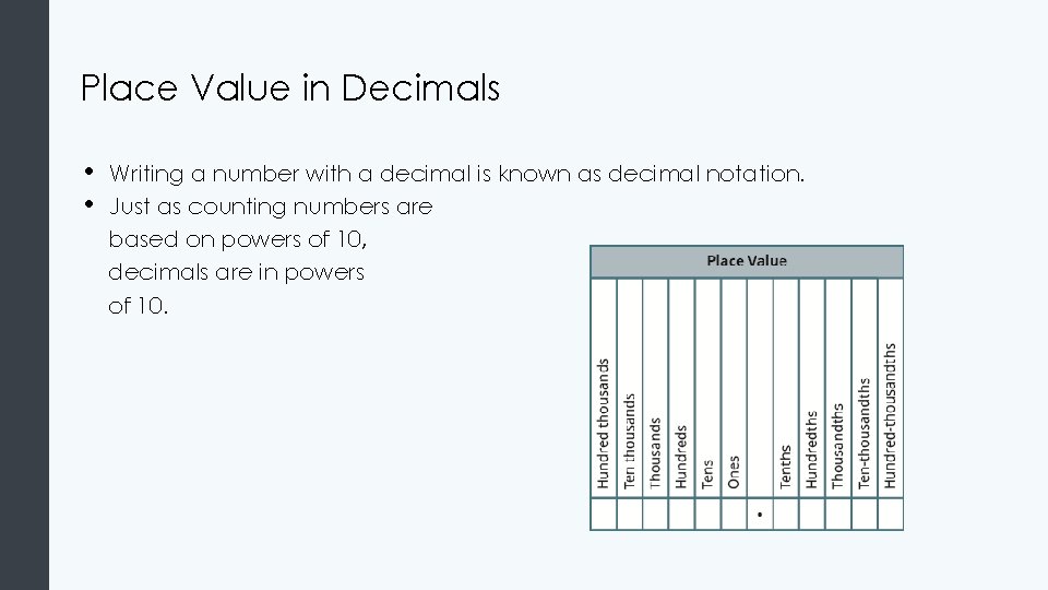 Place Value in Decimals • • Writing a number with a decimal is known Place Value in Decimals • • Writing a number with a decimal is known