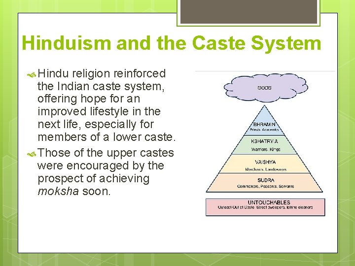 Hinduism and the Caste System Hindu religion reinforced the Indian caste system, offering hope