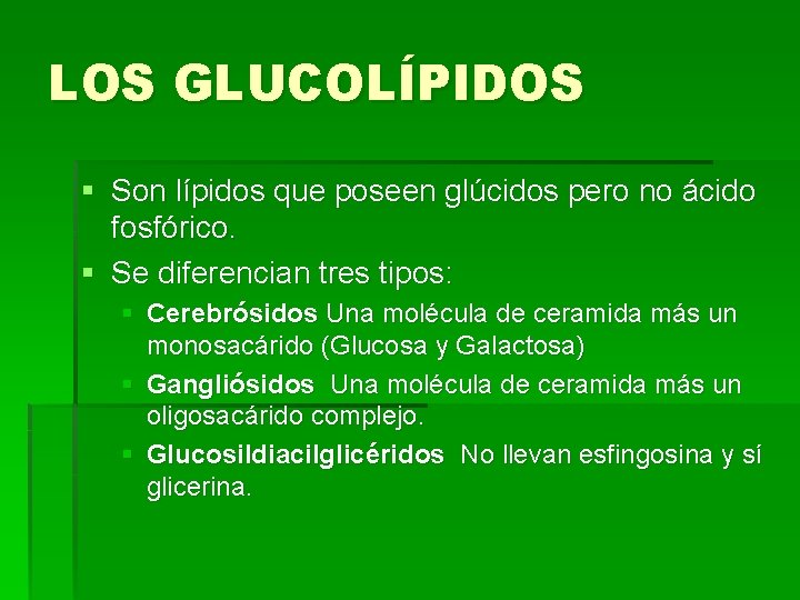 LOS GLUCOLÍPIDOS § Son lípidos que poseen glúcidos pero no ácido fosfórico. § Se