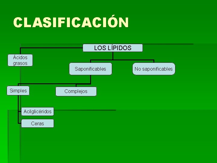 CLASIFICACIÓN LOS LÍPIDOS Ácidos grasos Saponificables Simples Complejos Acilglicéridos Ceras No saponificables 