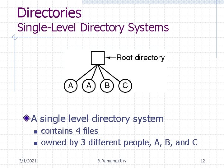 Directories Single-Level Directory Systems A single level directory system n n 3/1/2021 contains 4