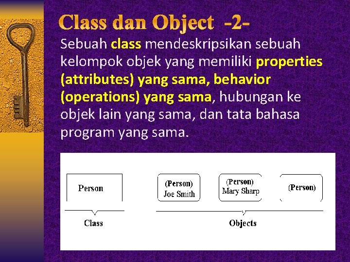 Sebuah class mendeskripsikan sebuah kelompok objek yang memiliki properties (attributes) yang sama, behavior (operations)