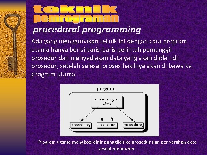 procedural programming Ada yang menggunakan teknik ini dengan cara program utama hanya berisi baris-baris