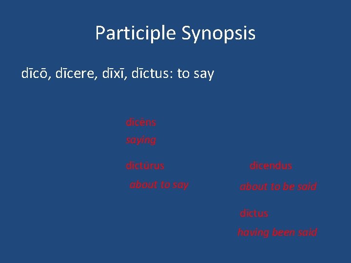 Participle Synopsis dīcō, dīcere, dīxī, dīctus: to say dīcēns saying dīctūrus about to say
