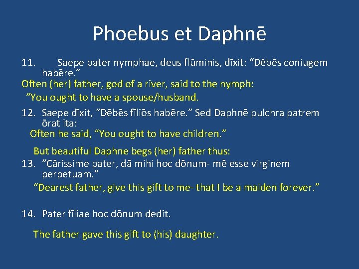 Phoebus et Daphnē 11. Saepe pater nymphae, deus flūminis, dīxit: “Dēbēs coniugem habēre. ”