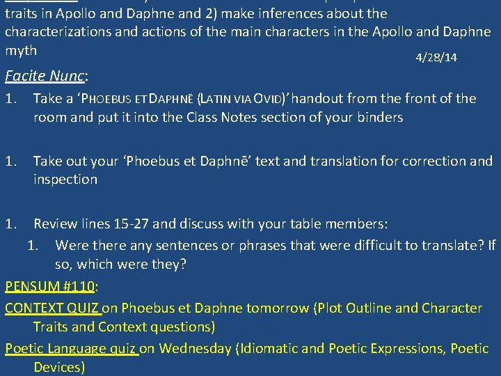 traits in Apollo and Daphne and 2) make inferences about the characterizations and actions