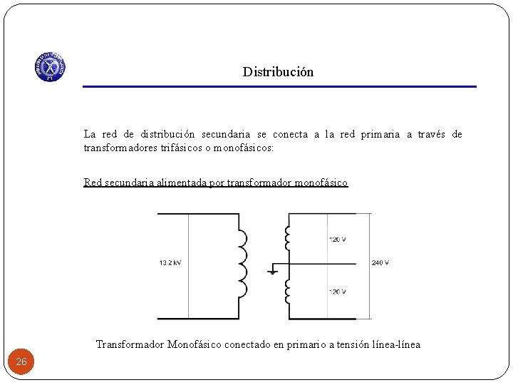 Distribución La red de distribución secundaria se conecta a la red primaria a través
