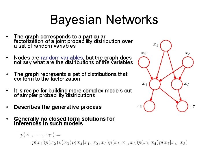 Bayesian Networks • The graph corresponds to a particular factorization of a joint probability