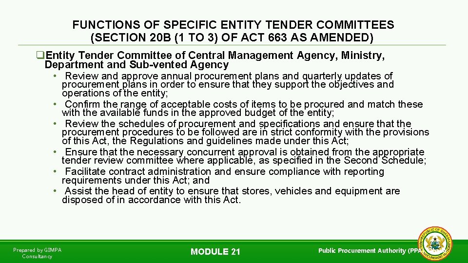 FUNCTIONS OF SPECIFIC ENTITY TENDER COMMITTEES (SECTION 20 B (1 TO 3) OF ACT