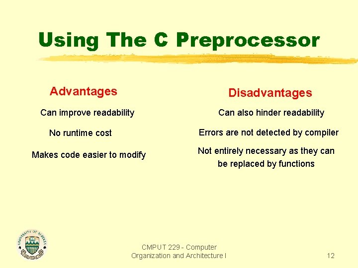 Using The C Preprocessor Advantages Disadvantages Can improve readability Can also hinder readability Errors