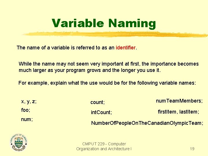 Variable Naming The name of a variable is referred to as an identifier. While