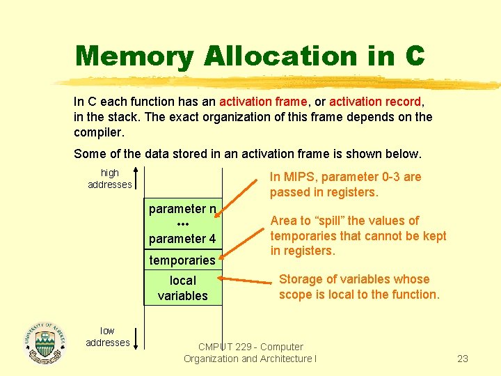 Memory Allocation in C In C each function has an activation frame, or activation
