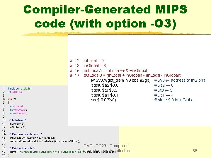 Compiler-Generated MIPS code (with option -O 3) # # 1 2 3 4 5