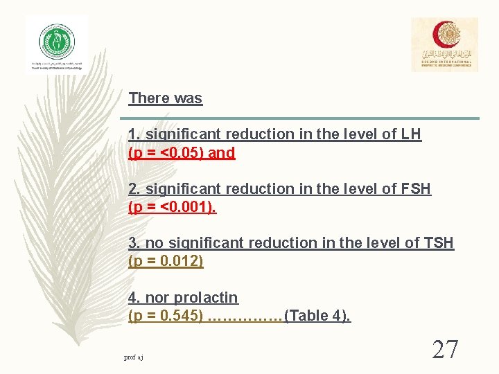 There was 1. significant reduction in the level of LH (p = <0. 05)