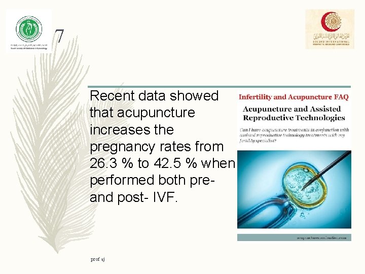 7 Recent data showed that acupuncture increases the pregnancy rates from 26. 3 %