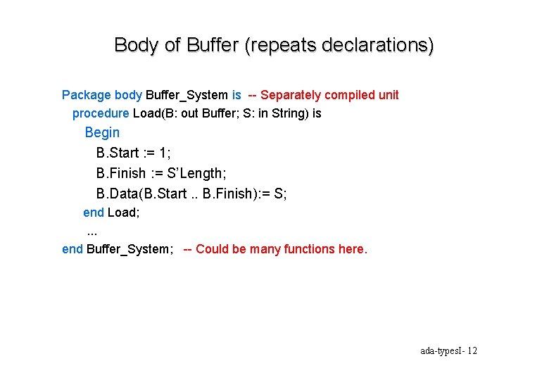 Body of Buffer (repeats declarations) Package body Buffer_System is -- Separately compiled unit procedure