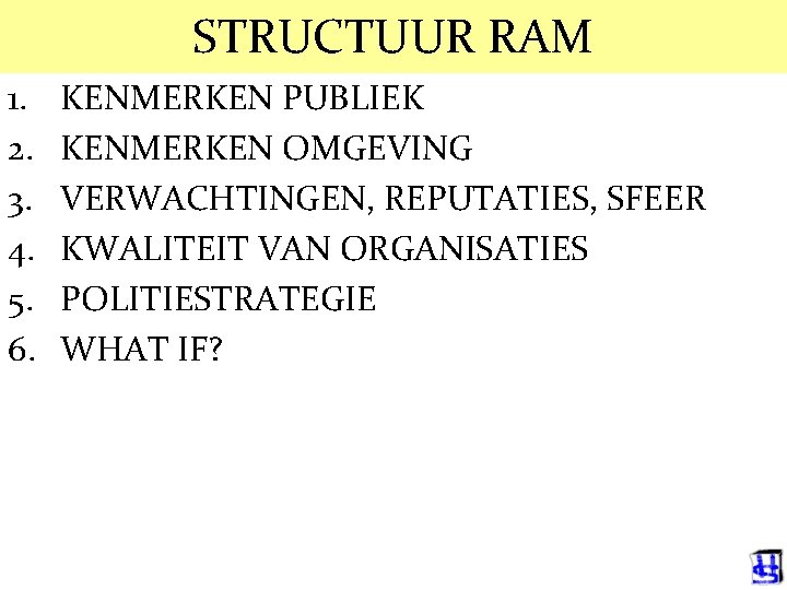 STRUCTUUR RAM 1. 2. 3. 4. 5. 6. KENMERKEN PUBLIEK KENMERKEN OMGEVING VERWACHTINGEN, REPUTATIES,