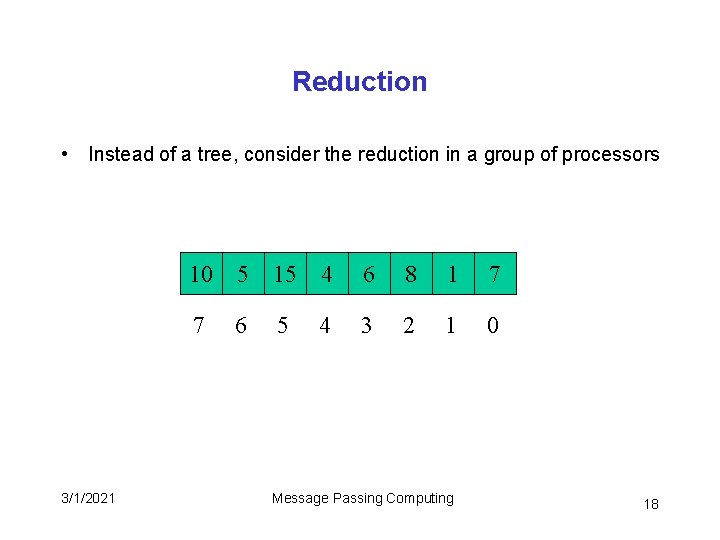 Reduction • Instead of a tree, consider the reduction in a group of processors Reduction • Instead of a tree, consider the reduction in a group of processors