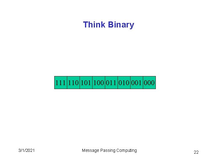 Think Binary 111 110 101 100 011 010 001 000 3/1/2021 Message Passing Computing