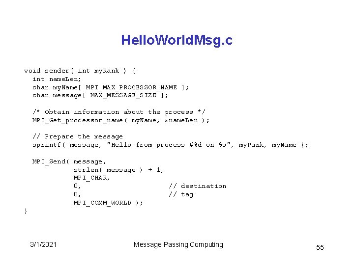 Hello. World. Msg. c void sender( int my. Rank ) { int name. Len;