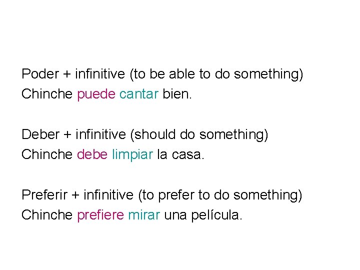 Poder + infinitive (to be able to do something) Chinche puede cantar bien. Deber