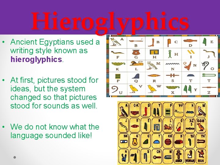 Hieroglyphics • Ancient Egyptians used a writing style known as hieroglyphics. • At first,