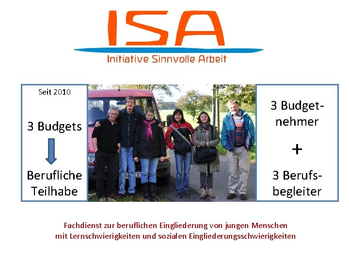 Seit 2010 3 Budgets 3 Budgetnehmer Berufliche Teilhabe 3 Berufsbegleiter + Fachdienst zur beruflichen