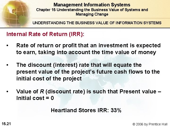 Management Information Systems Chapter 15 Understanding the Business Value of Systems and Managing Change