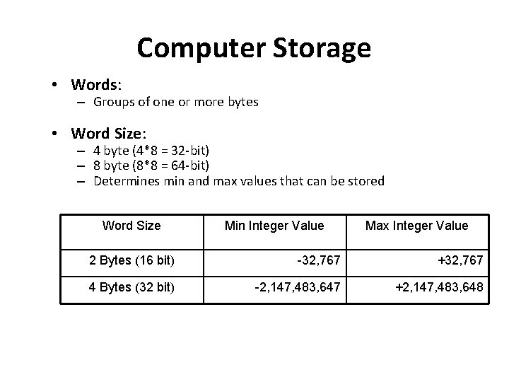 Computer Storage • Words: – Groups of one or more bytes • Word Size: