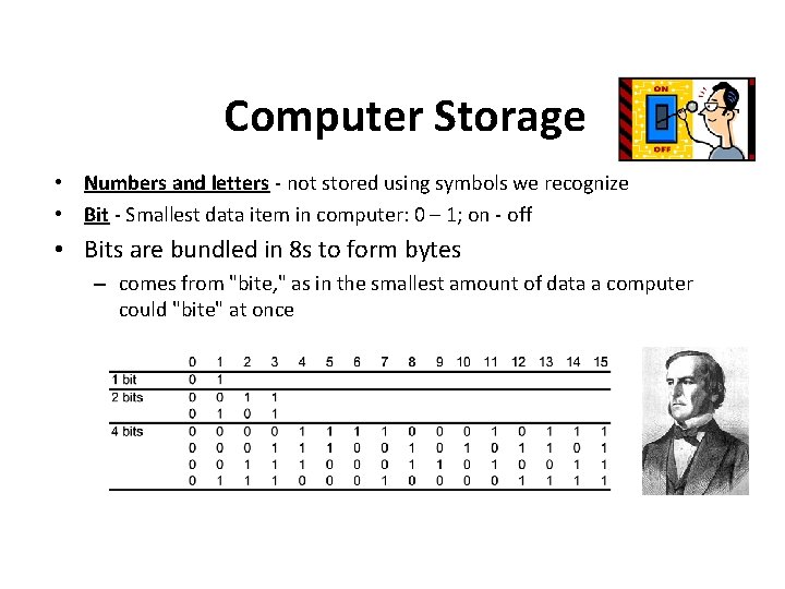 Computer Storage • Numbers and letters - not stored using symbols we recognize •